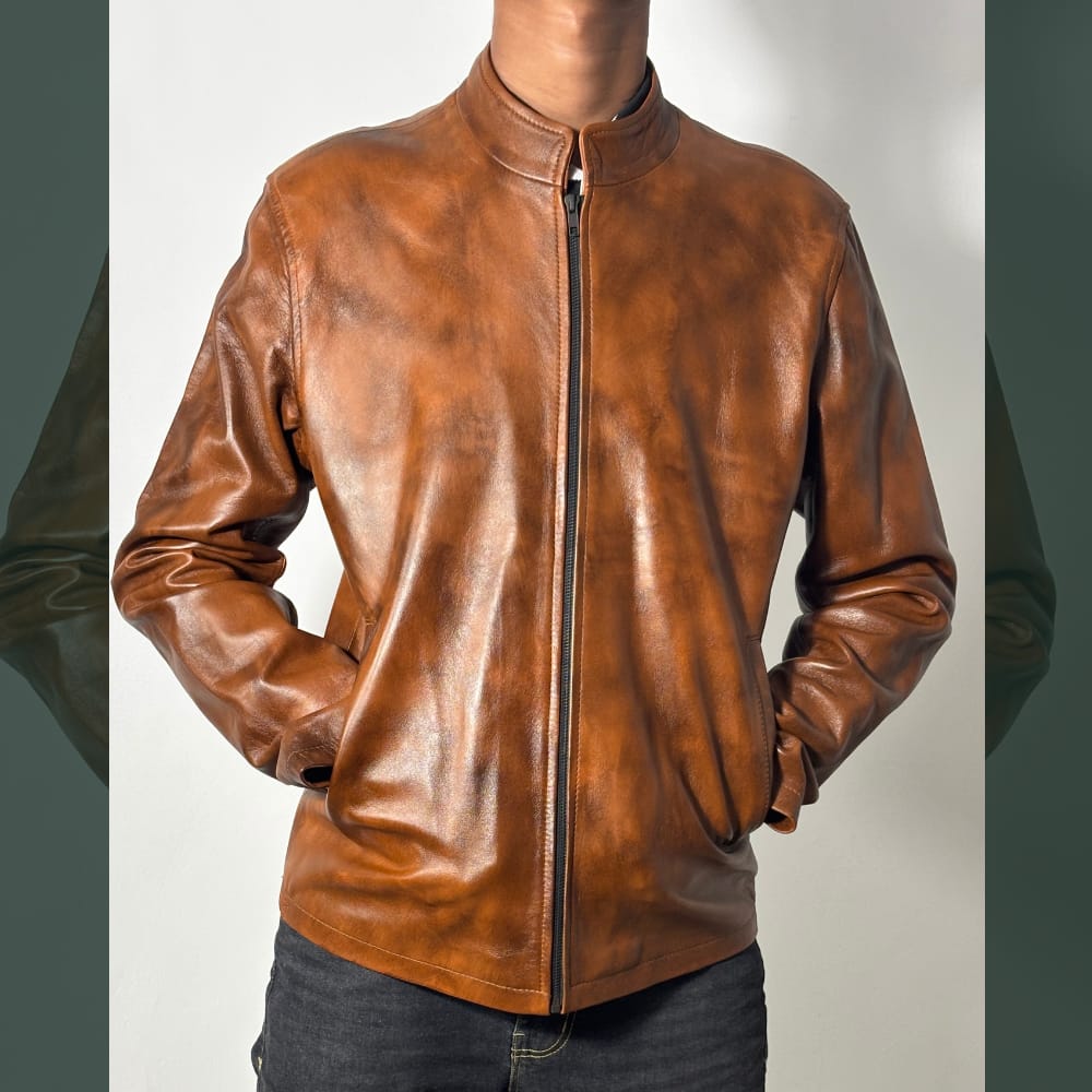 Customer photo review of Dope Chestnut Brown Sheepskin Leather Jacket For Men