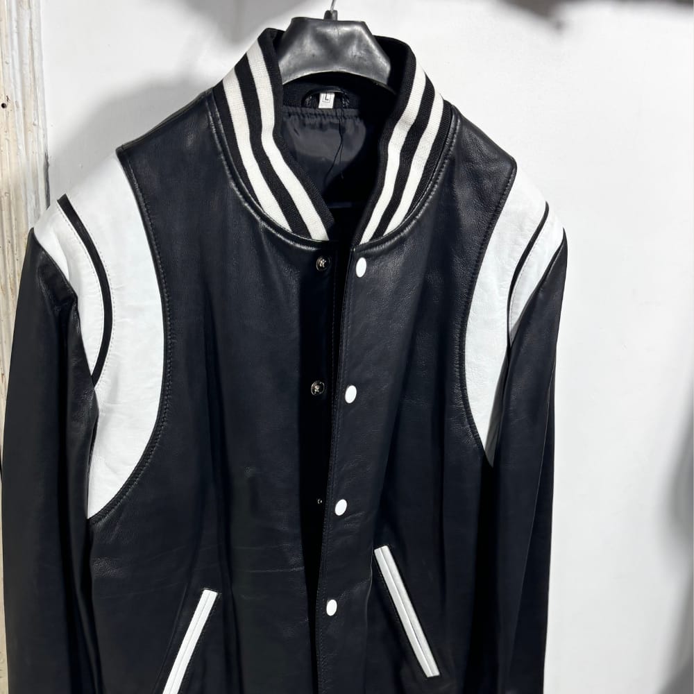 Customer photo review of Campio Varsity Black Leather Jacket For Men