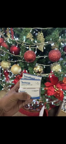 Reseñador sosteniendo el empaque del producto TrenaRapid Trembolona Acetato frente a un árbol de Navidad.