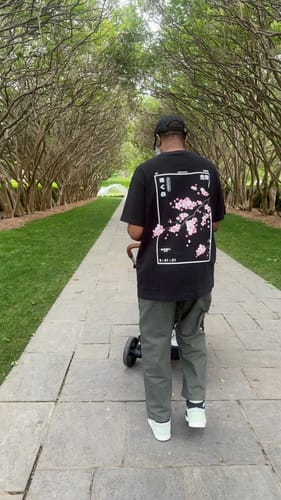 Customer seen from behind wearing the black Cherry Blossom T-Shirt while pushing a stroller down a path.