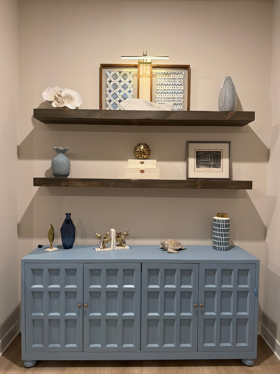 Customer photo review of Distressed 3" Thick Floating Shelves