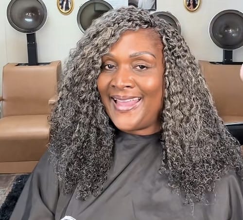 Customer photo review of Luvwin 5x5 Deep Curly Salt And Pepper Glueless Gray Color Pre-Cut Lace Bob Wig