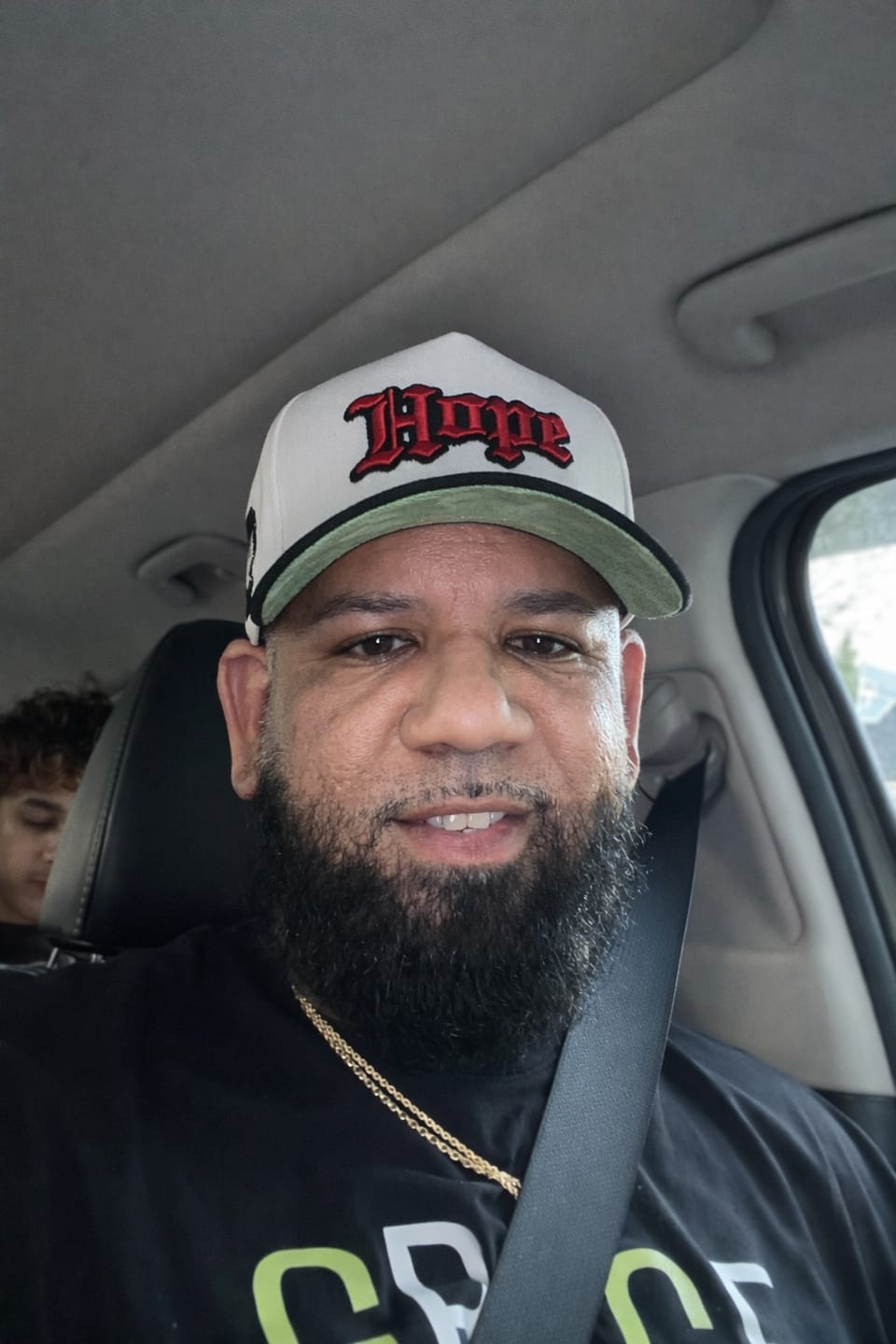 Customer photo review of White & Red & Black Sueded Brim Hope Hat