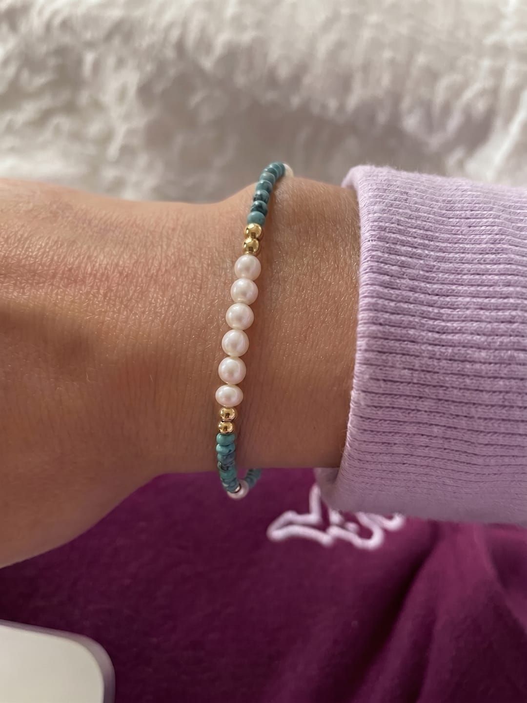 Customer photo review of "Serene Guardian" Bracelet: Natural Turquoise & Pearl for Dainty Mindfulness