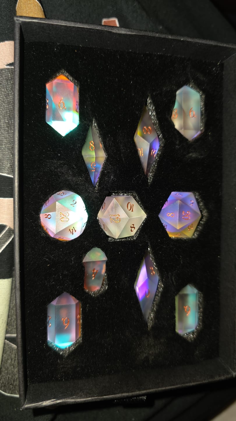 Customer photo review of URWizards D&D Frosted Prism Glass Dice Set Crystal Shape