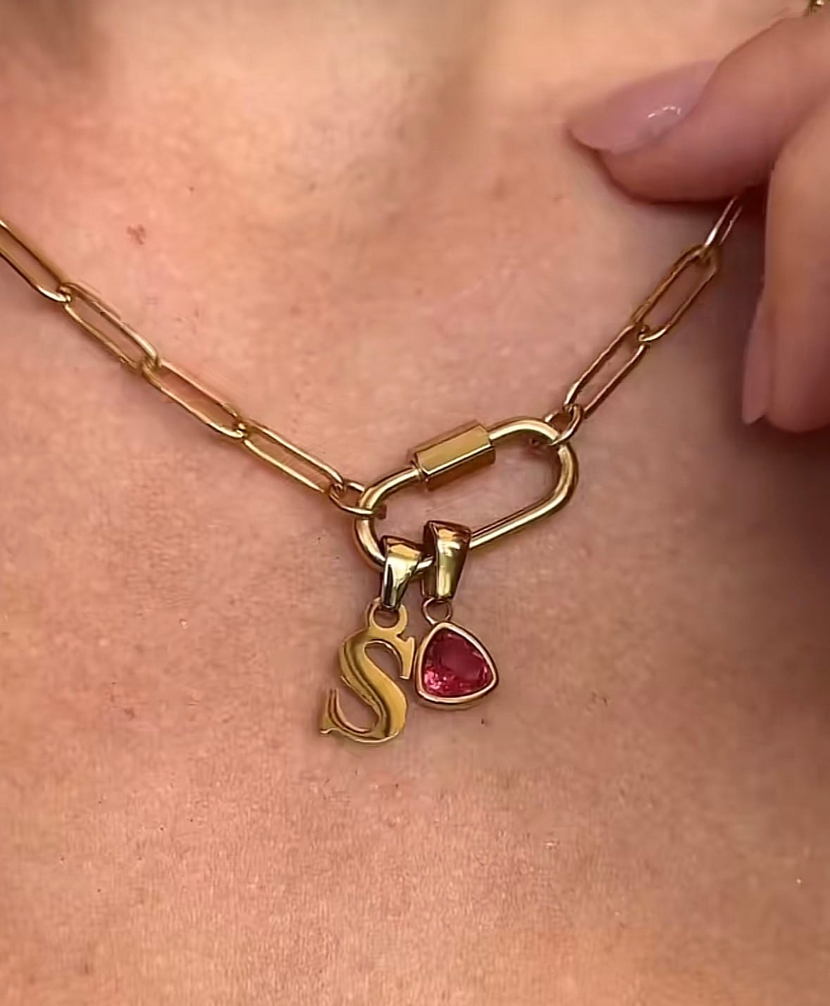 Customer photo review of Carabiner Charm Lock Necklace With Initial & Birthstone
