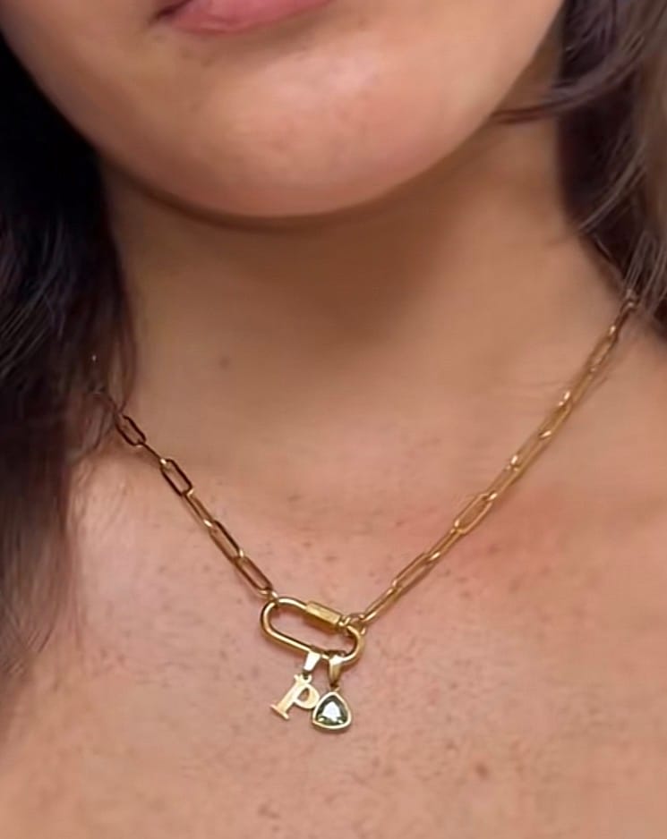 Customer photo review of Carabiner Charm Lock Necklace With Initial & Birthstone