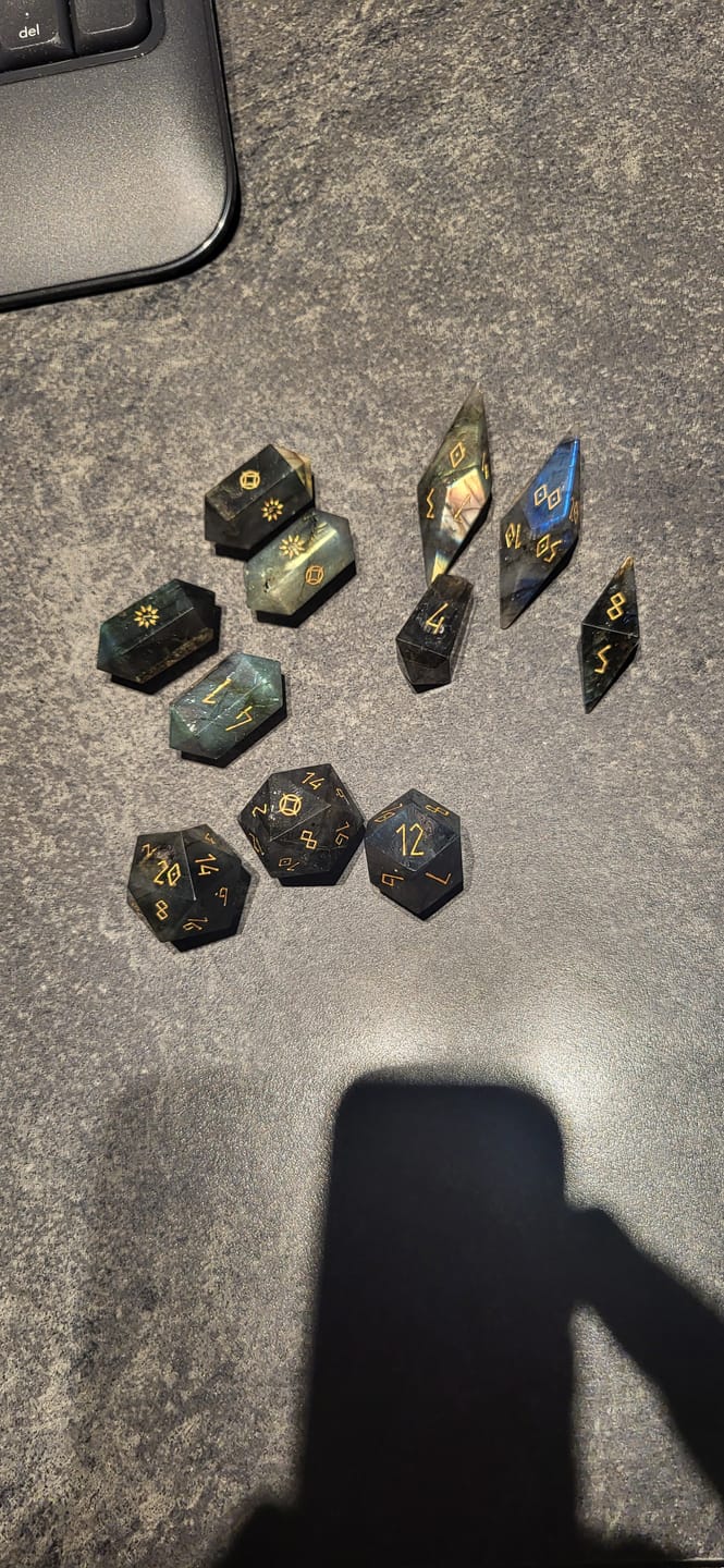 Customer photo review of URWizards D&D Labradorite Gemstone Dice Set Crystal Shape