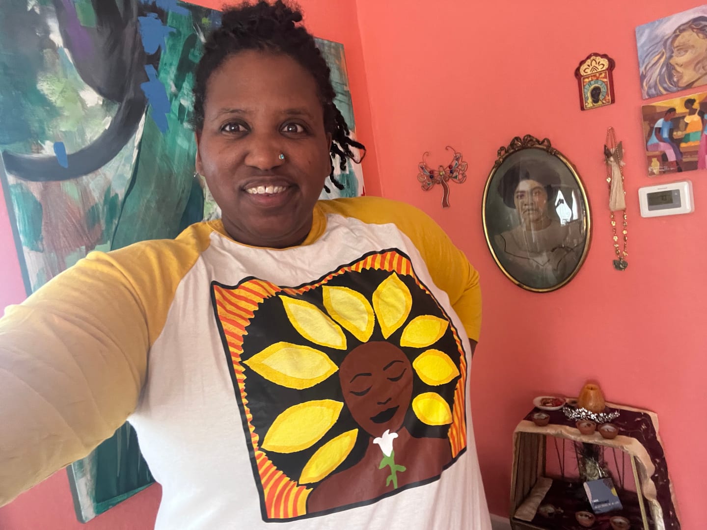 Customer photo review of The Sunflower Baseball Tee in Yellow Gold and Creme (off white)