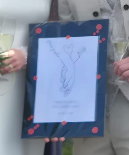 Unscharfe Aufnahme von Rezensenten, die das personalisierte Poster in einem dunklen Rahmen halten.