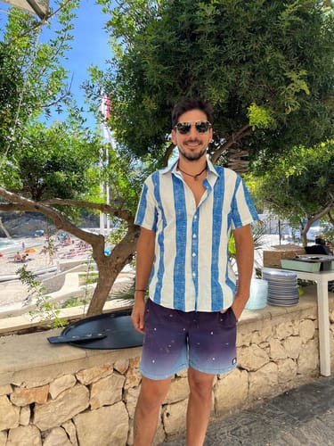 Customer photo review of Men's Blue Vertical Striped Casual Cruise Summer Holiday Short Sleeve Shirt