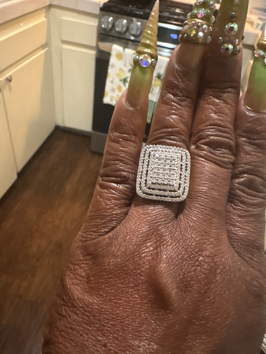 Customer photo review of Chunky Square Radiant Cluster • Bold 5ct Look Double Halo Multi-Row Iced Out Engagement Ring In Sterling Silver