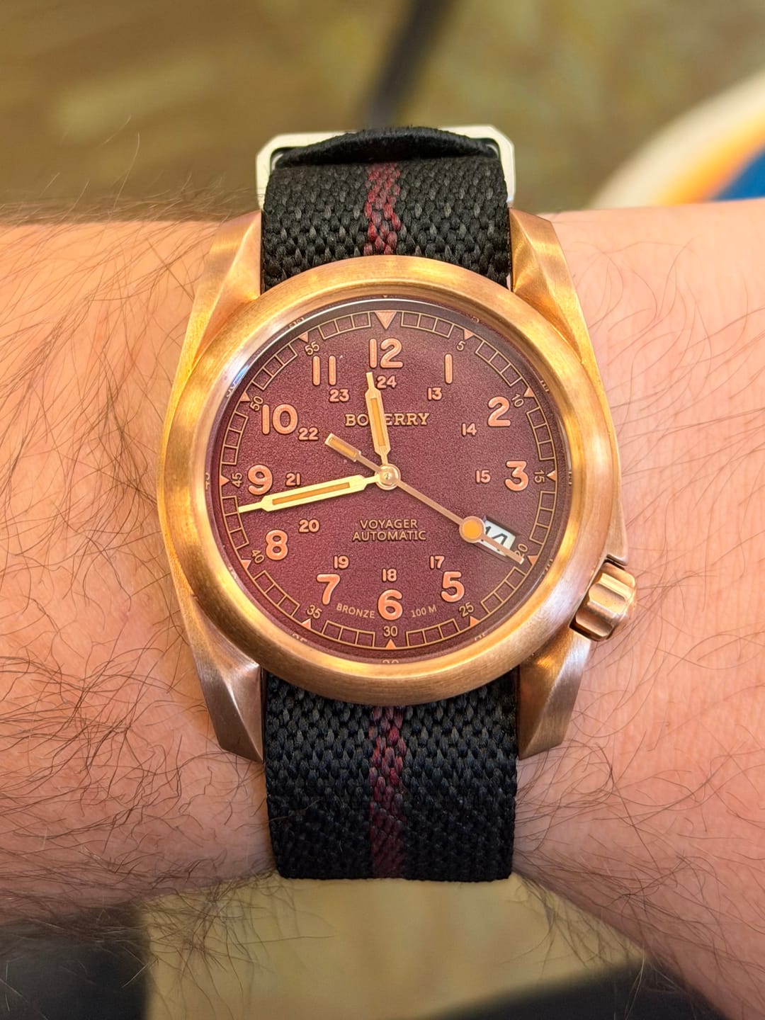 Customer photo review of VOYAGER - 100M Waterproof Bronze Automatic Field Watch | Red