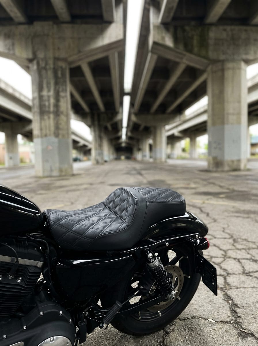 Customer photo review of Iron Born Diamond Stitch 2-Up Seat For Harley Sportster 883 Iron XL883N Black