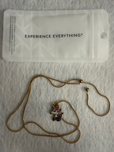 Reviewer's Unicorn Necklace with a detailed charm and adjustable gold-colored chain, shown with its packaging.