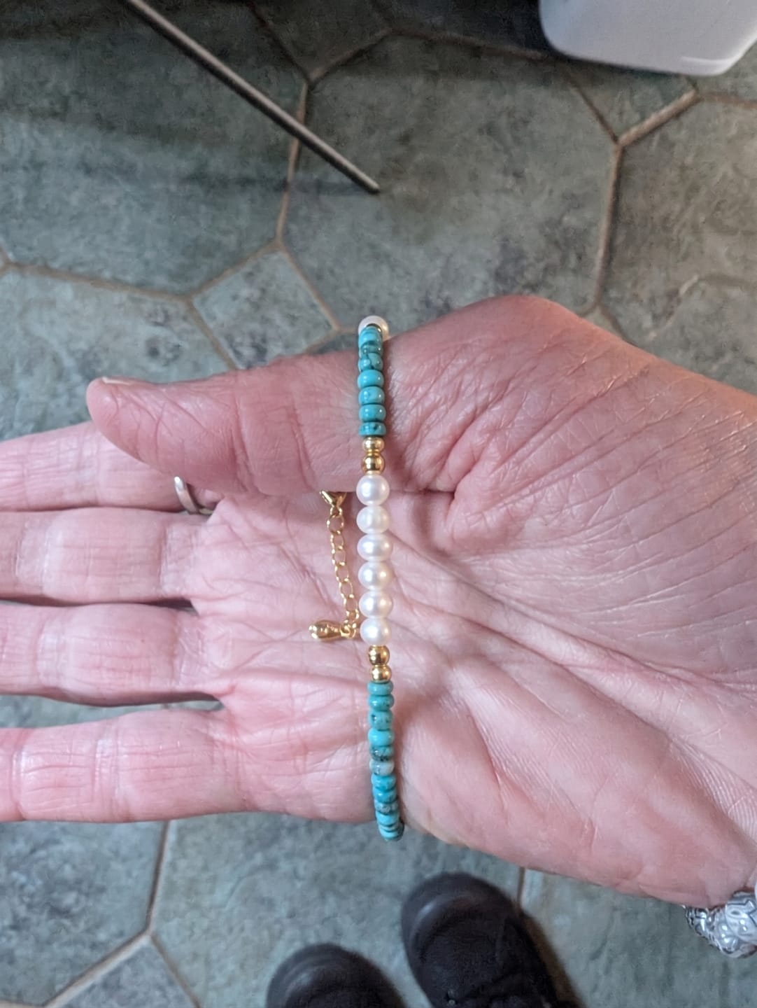 Customer photo review of "Serene Guardian" Bracelet: Natural Turquoise & Pearl for Dainty Mindfulness