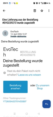 Screenshot des Kunden, der die Lieferbestätigung für die Schutzfolie anzeigt.