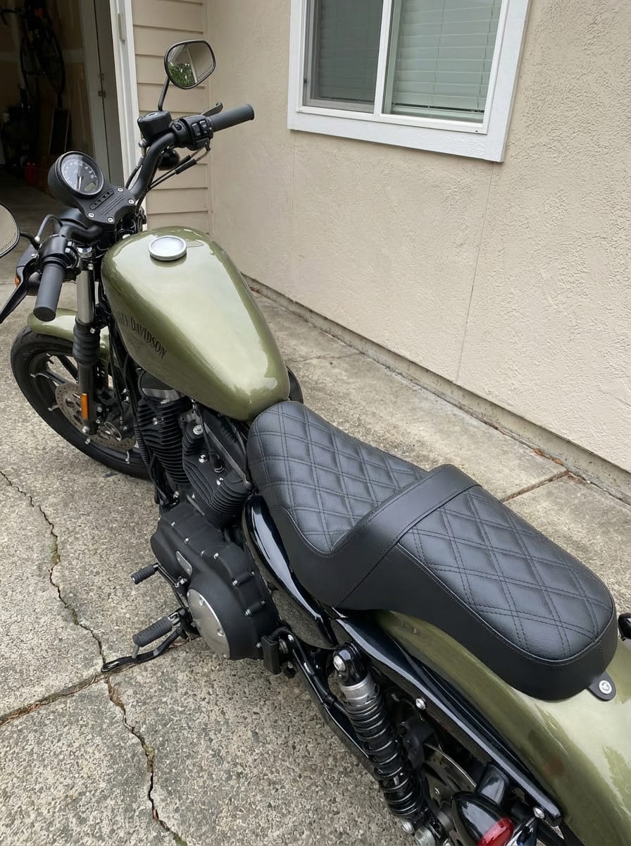 Customer photo review of Iron Born Diamond Stitch 2-Up Seat For Harley Sportster 883 Iron XL883N Black