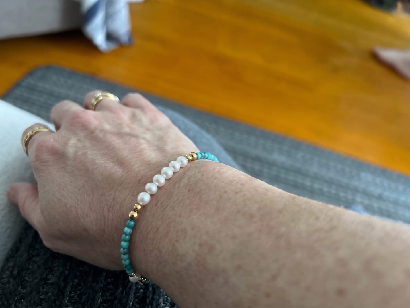 Customer photo review of "Serene Guardian" Bracelet: Natural Turquoise & Pearl for Dainty Mindfulness