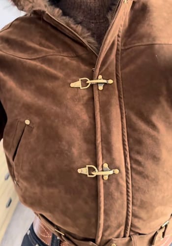 Customer photo review of Streetwear Metal Clip Faux Fur Hooded Suede Bomber Jacket