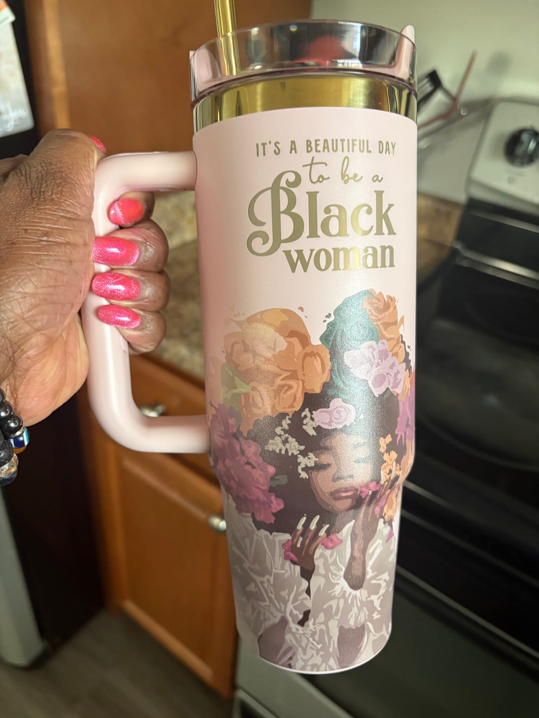 Customer photo review of Pink “Royalty Blossomed” Insulated Tumbler – "It’s a Beautiful Day to be a Black Woman"