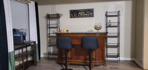 Customer's classy Basement Bar Sign, personalized as 'LIT LOUNGE', displayed above a home bar.