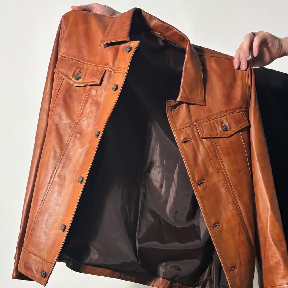 Customer photo review of Wicked Sienna Brown Leather Trucker Jacket For Men