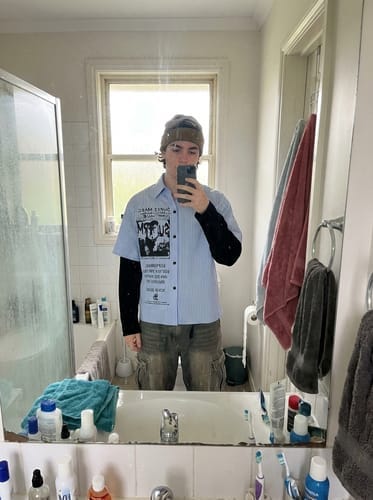Customer photo review of Vintage Illustration Striped Faux Two-Piece Shirt