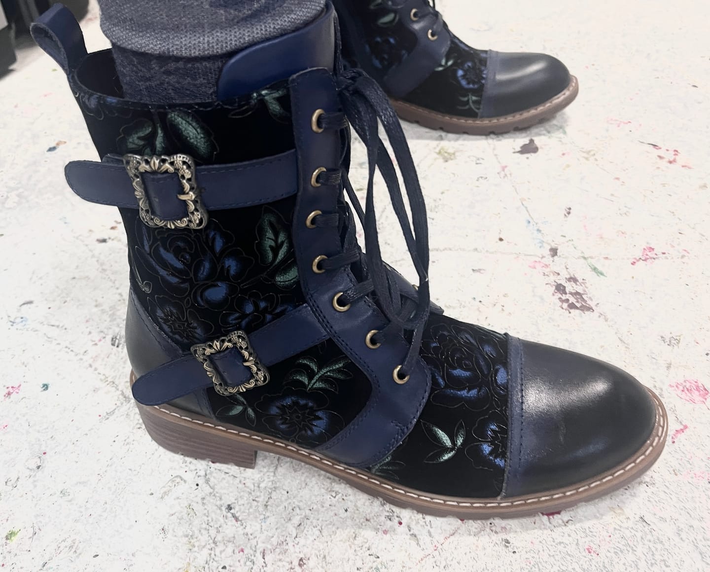 Customer photo review of Timeless Grace Floral Lace-Up Flat Ankle Boots
