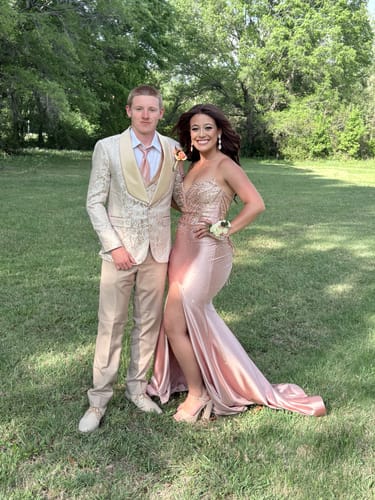 Customer photo review of Men's 3-Piece Damask Jacquard Champagne Wedding Suit