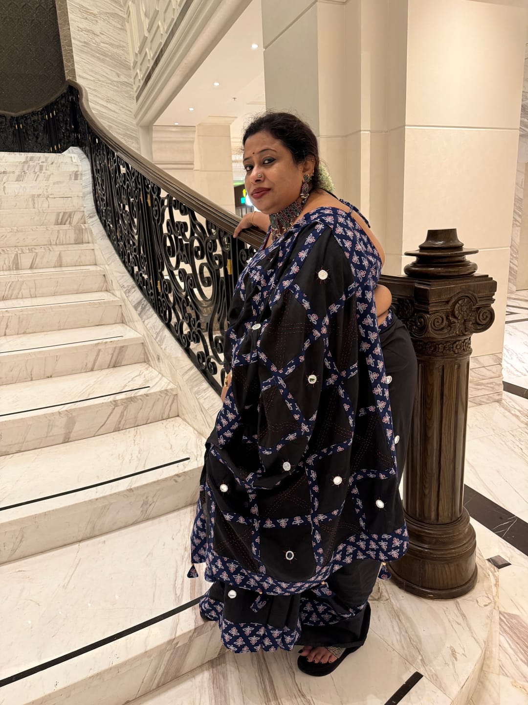 Customer photo review of Tyohaar ~ High Quality Mul Cotton Saree with Hand Mirror & Patch Work ~ Blue