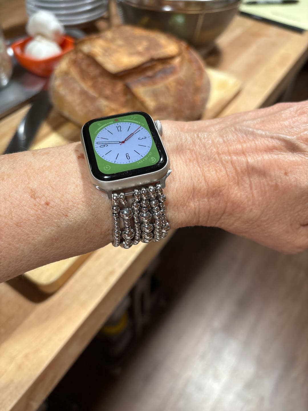 Customer photo review of Platinum Demure Stretch Apple Watch Strap
