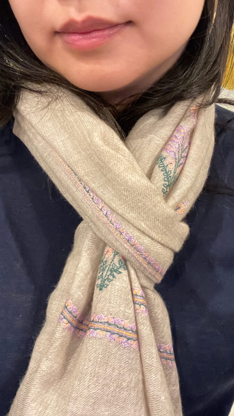 Customer photo review of Handwoven Natural Grey Cashmere Scarf with Traditional Buteh