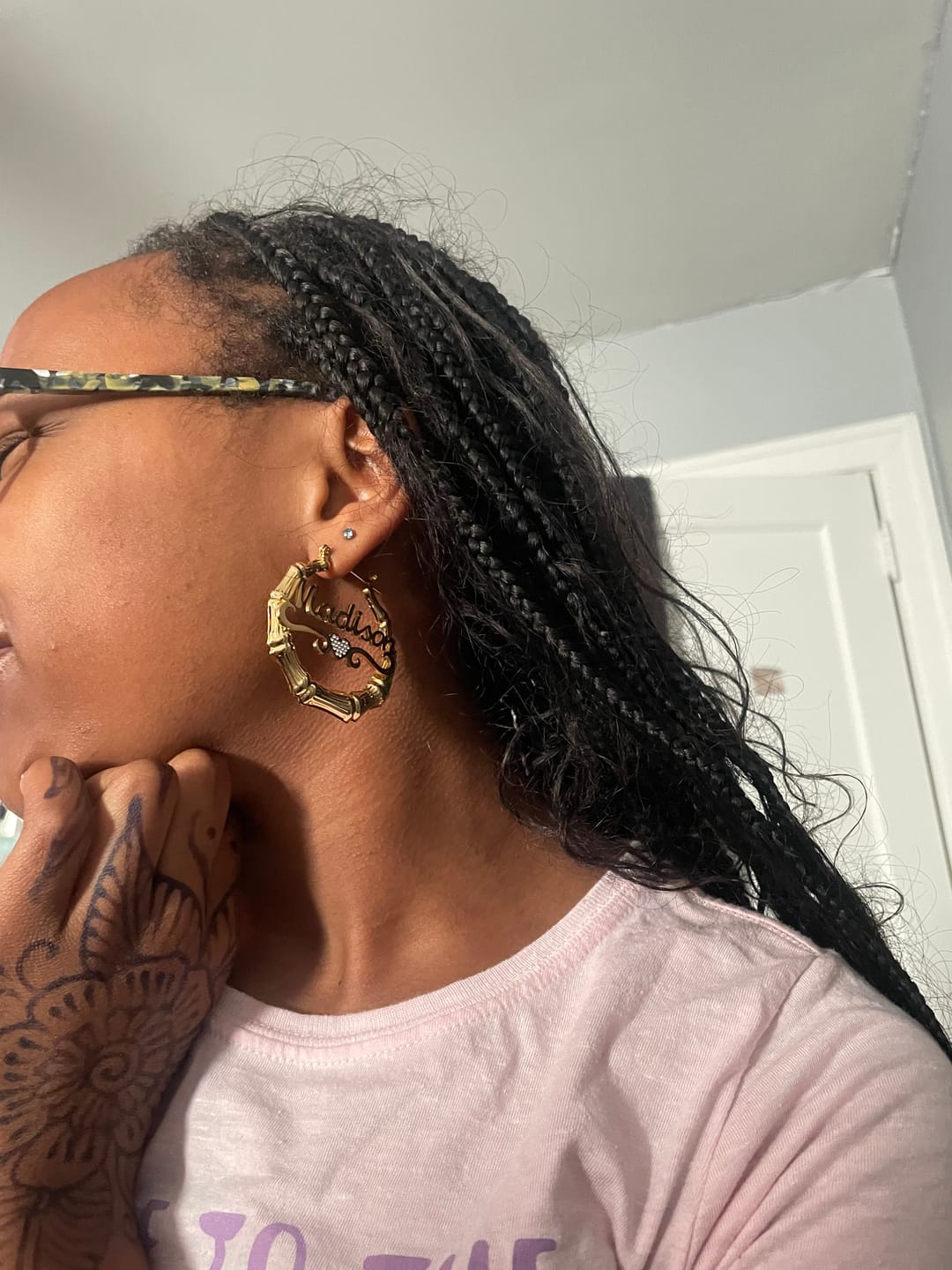 Customer photo review of Heart Name Bamboo Hoop Earrings
