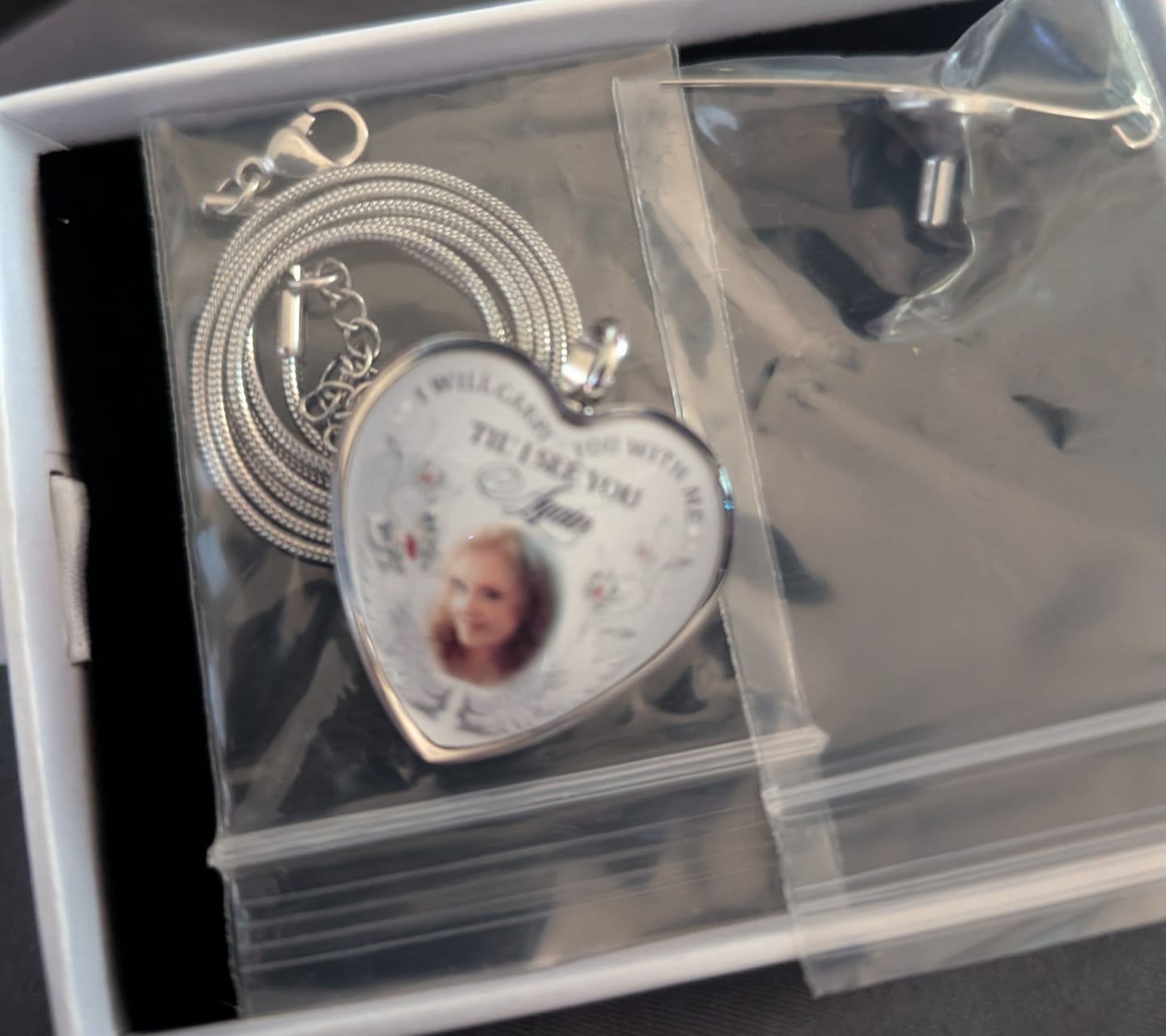 Customer photo review of Custom Photo Memorial Necklace/Keychain "I Will Carry You With Me” - N001