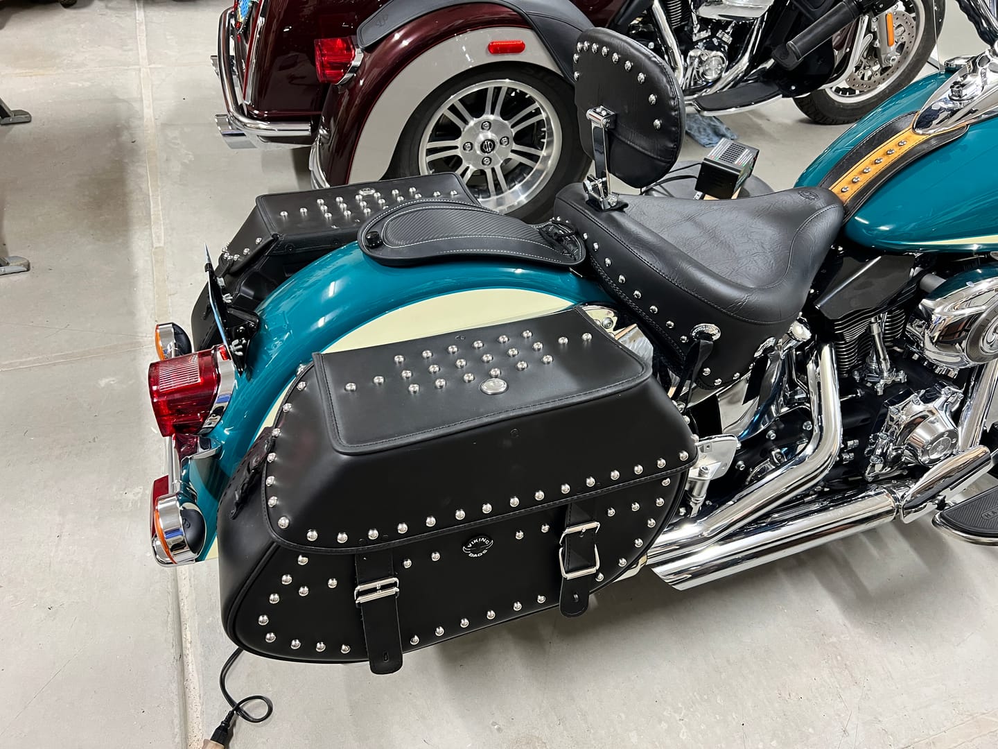Customer photo review of 35L - Legacy Extra Large Studded Leather Motorcycle Saddlebags for Harley Softail Heritage FLSTC/I