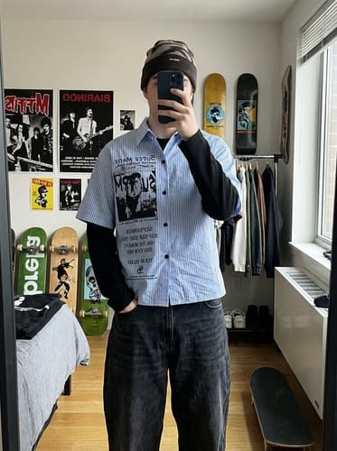 Customer photo review of Vintage Illustration Striped Faux Two-Piece Shirt