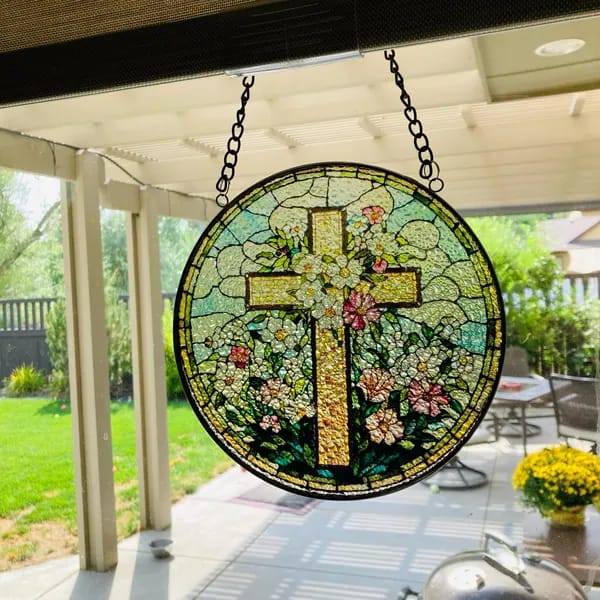 Customer photo review of Wildflower Cross Stained Glass Suncatcher, Christian Window Decor, Faith Gift for Easter, Jesus Religious Home Decoration