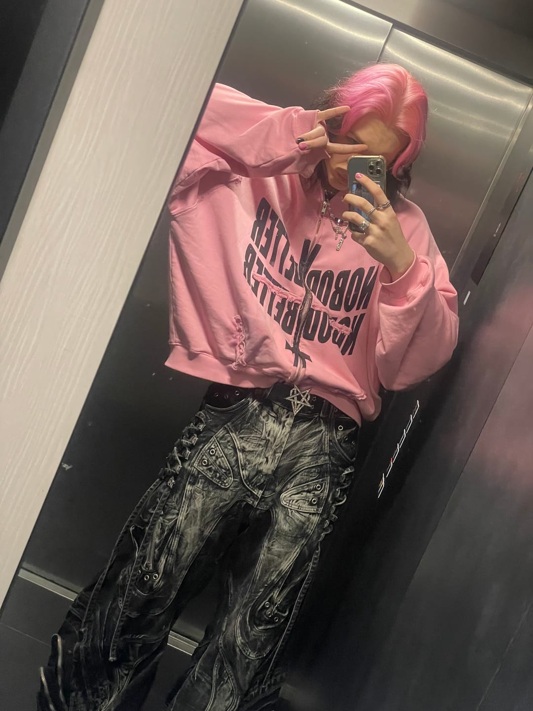 Customer photo review of Deconstructed Exaggerated Flared Patchwork Jeans In Black