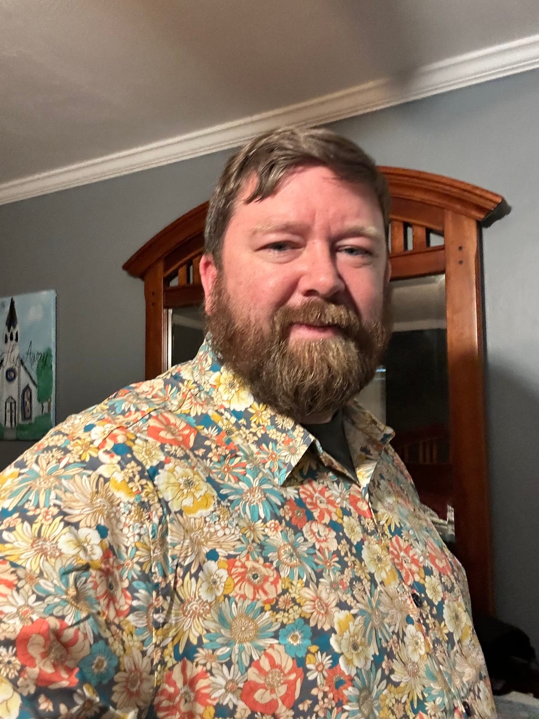Customer photo review of Men's Floral Cotton Casual Button Up Short Sleeve Shirt