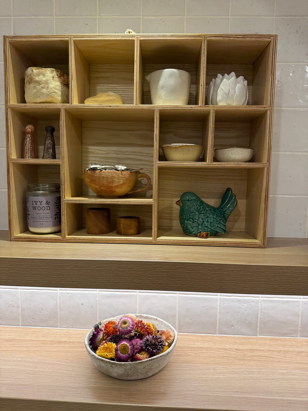 Customer photo review of Handcrafted Wooden Display Shelf