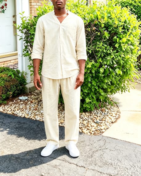 Customer photo review of Men’s Linen Cotton Blend 2 Piece Set Lightweight Breathable Casual Summer Outfit