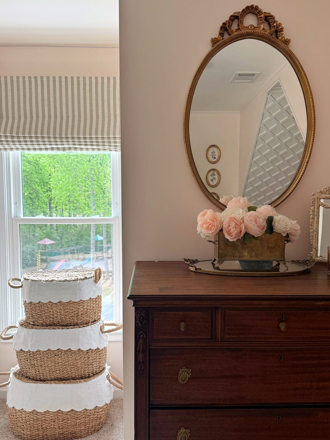 Customer photo review of Milano Flat Fold Linen Blend Striped Cordless Custom Roman Shade