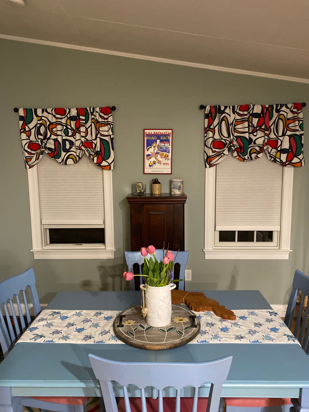 Customer photo review of Tie-up Valance in WOW Multi-Color Contemporary Pop Geometric, Large Scale - Red, Blue, Green, Magenta, Orange, Gold, Black & White