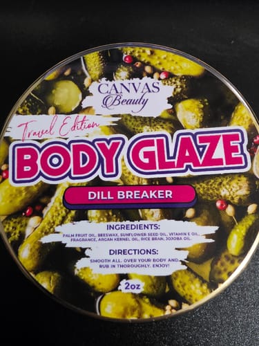 Customer's close-up of the Dill Breaker Body Glaze travel edition tin.
