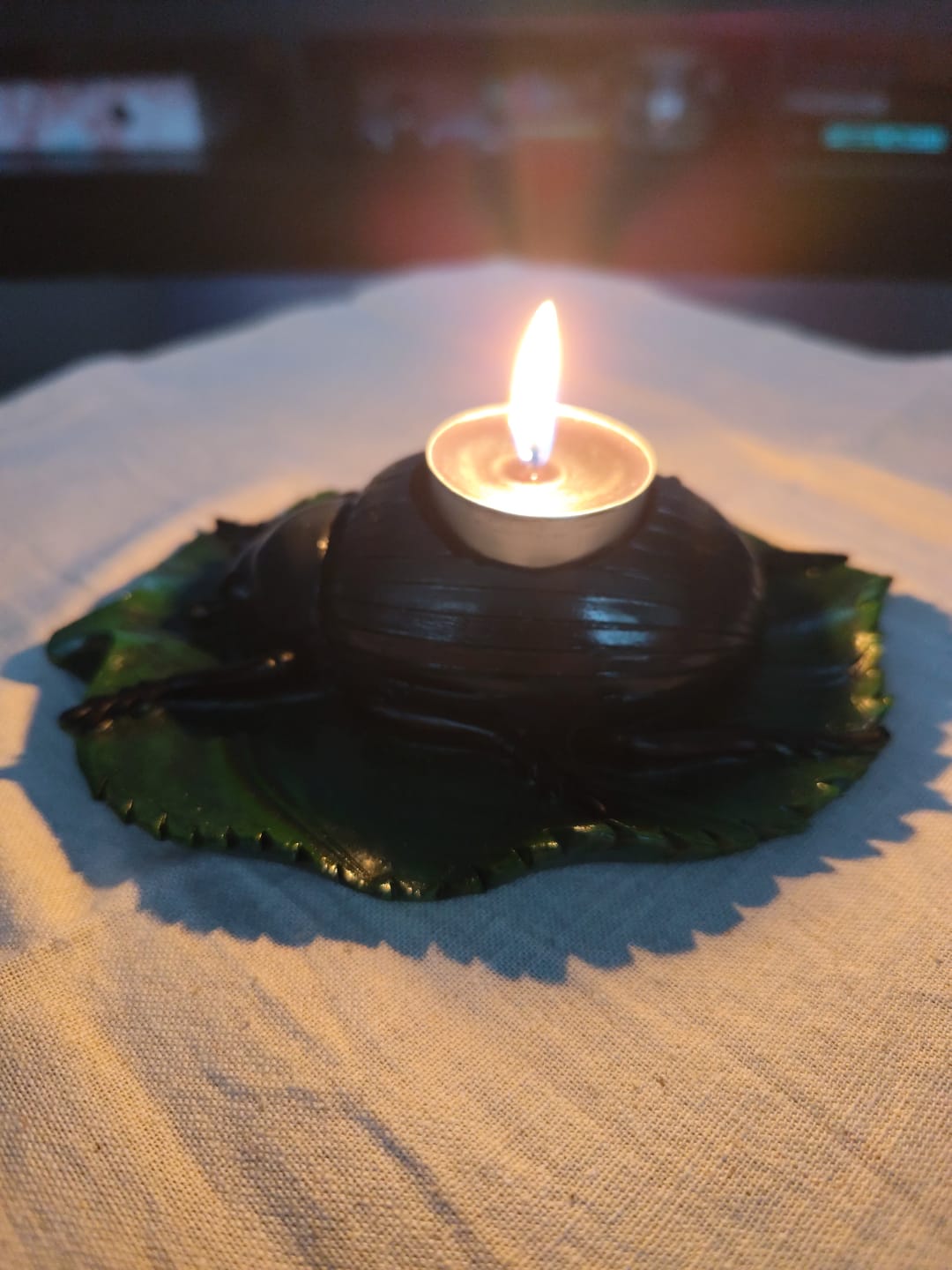 Customer photo review of Schwarzer Käfer-Teelichthalter auf Blatt – Gothic Deko für Kerzenlicht