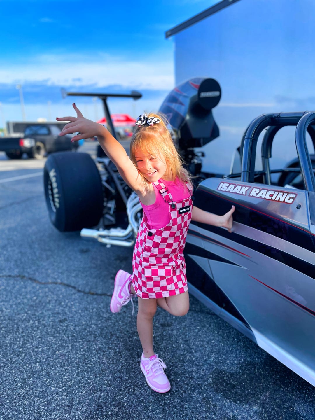 Customer photo review of Overall Dress in Bubble Gum Checkered
