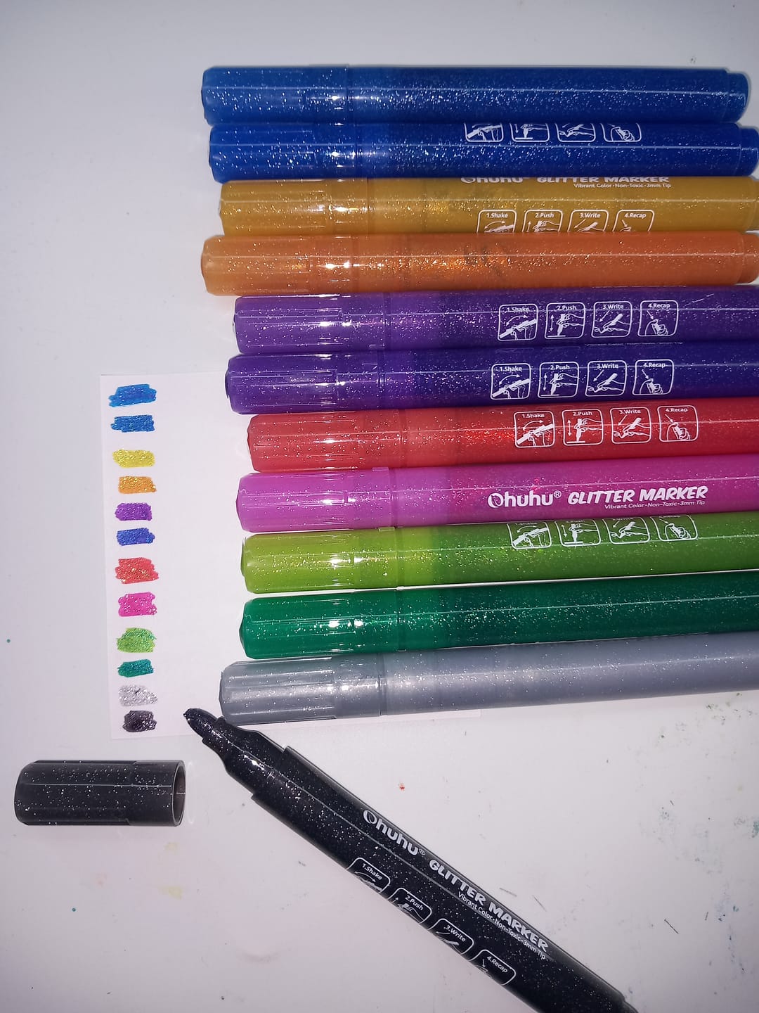 Customer photo review of Ohuhu Water-Based Glitter Metallic Marker Pens, 12 Shimmer Colors
