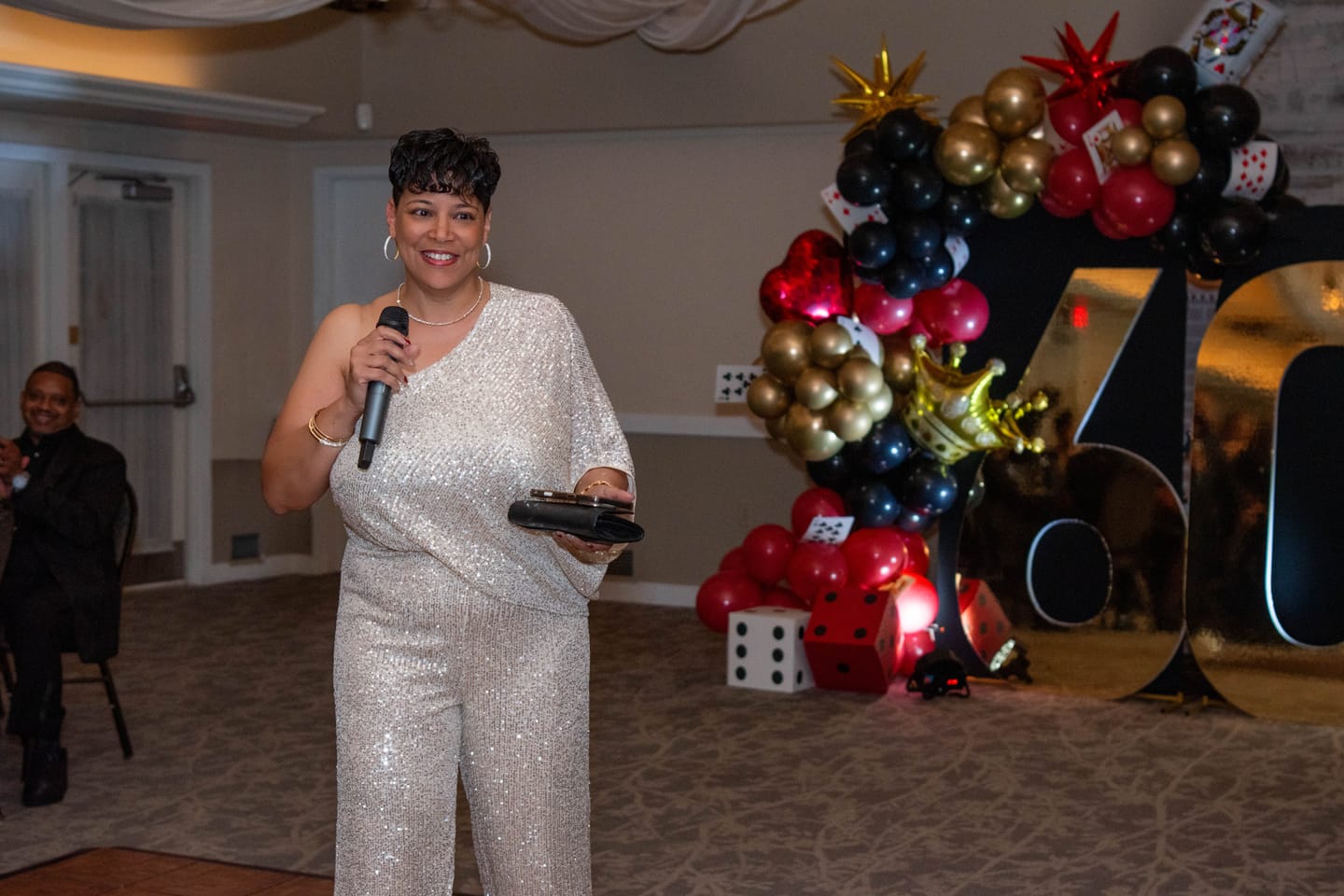 Customer photo review of Rebecca Champagne Gold One Sleeve Sequin Jumpsuit