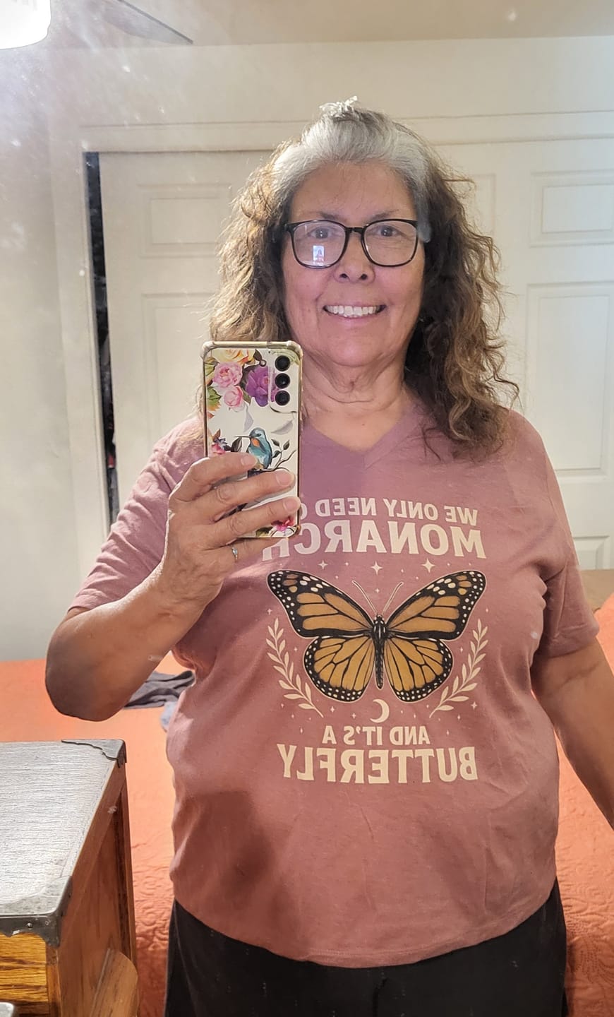 Customer photo review of One Monarch Butterfly V-Neck T-Shirt